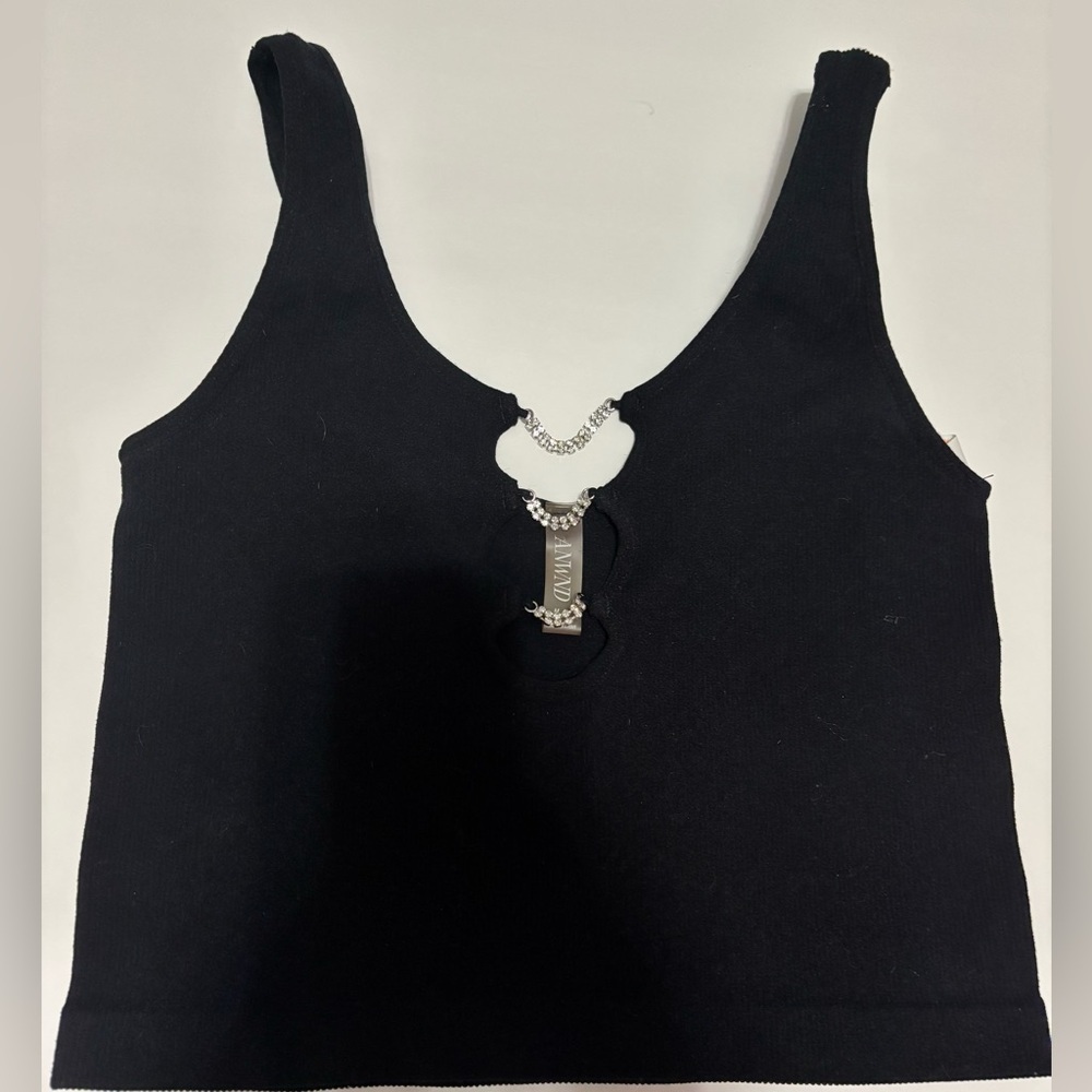 Black Sleeveless Top with Rhinestone Chain Detail